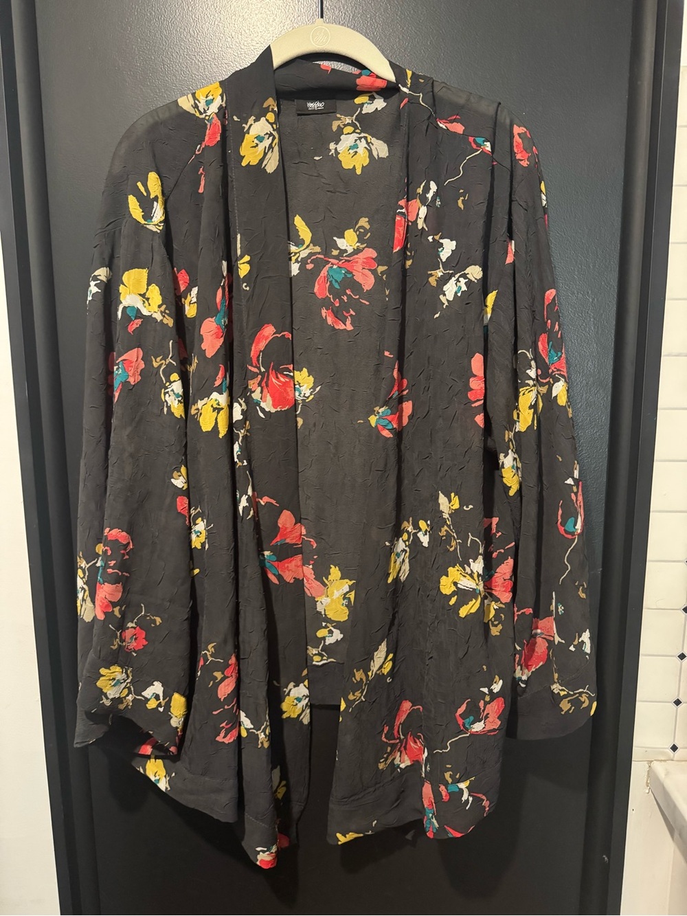 Mossimo Supply Co. Black Floral Open-Front Kimono with Yellow & Coral Accents